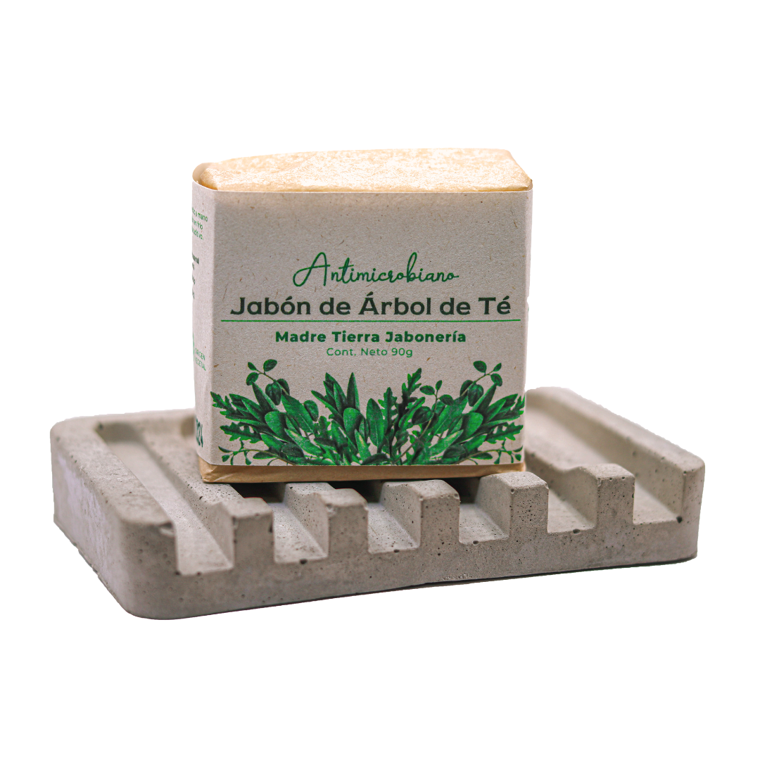 Jabón natural artesanal de árbol de té 90gr con jabonera de concreto.
