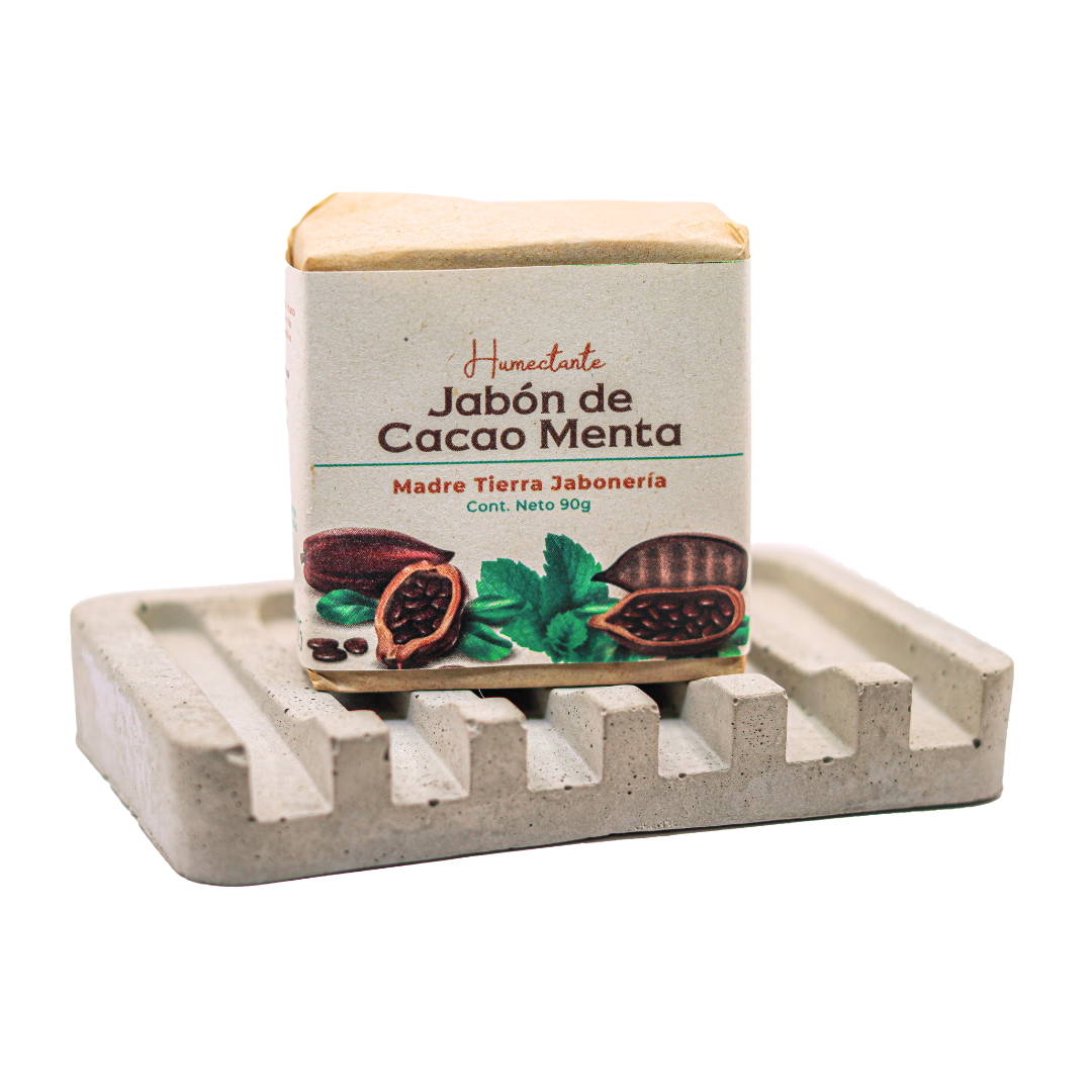 Jabón natural artesanal de cacao menta 90gr con jabonera de concreto.