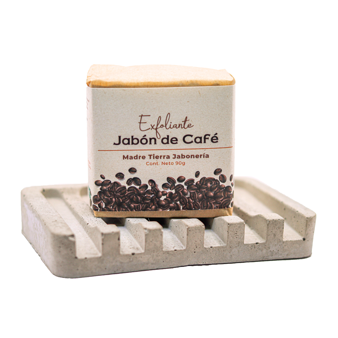 Jabón natural artesanal de café 90gr con jabonera de concreto.