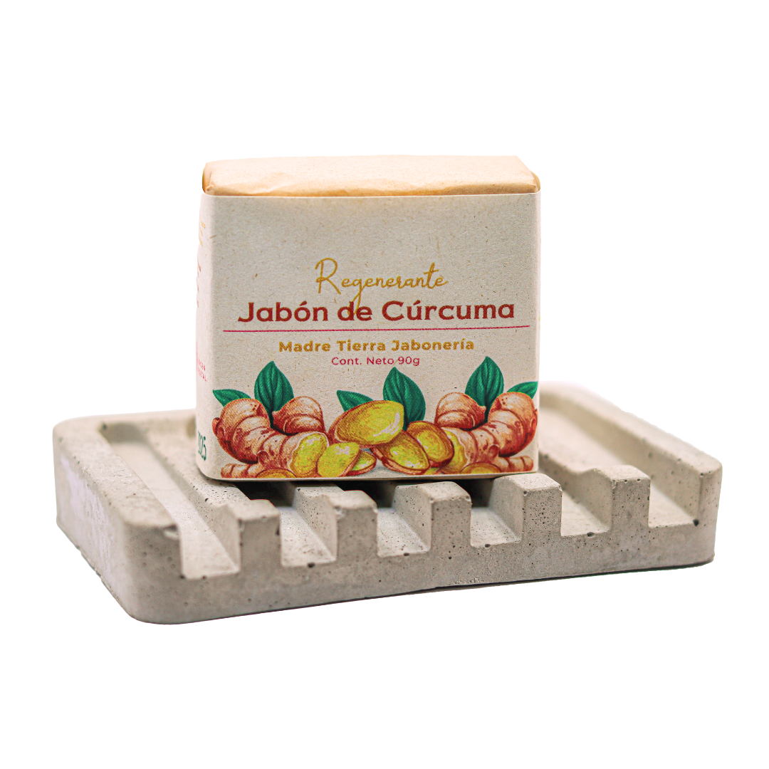 Jabón natural artesanal de cúrcuma 90gr con jabonera de concreto.
