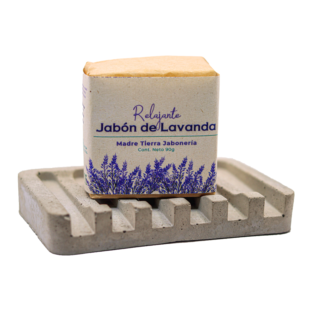 Jabón natural artesanal de lavanda 90gr con jabonera de concreto.