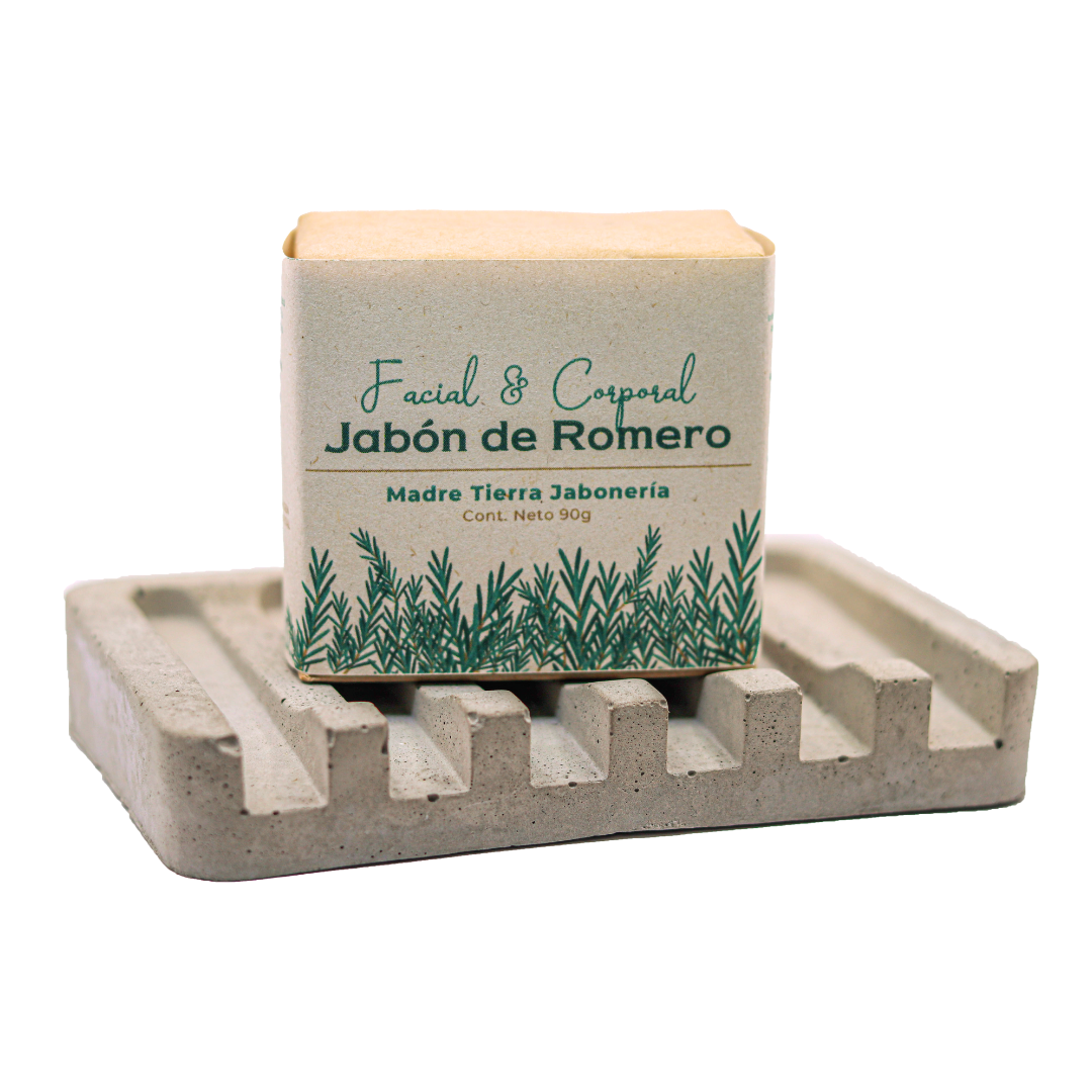 Jabón natural artesanal de romero 90gr con jabonera de concreto.