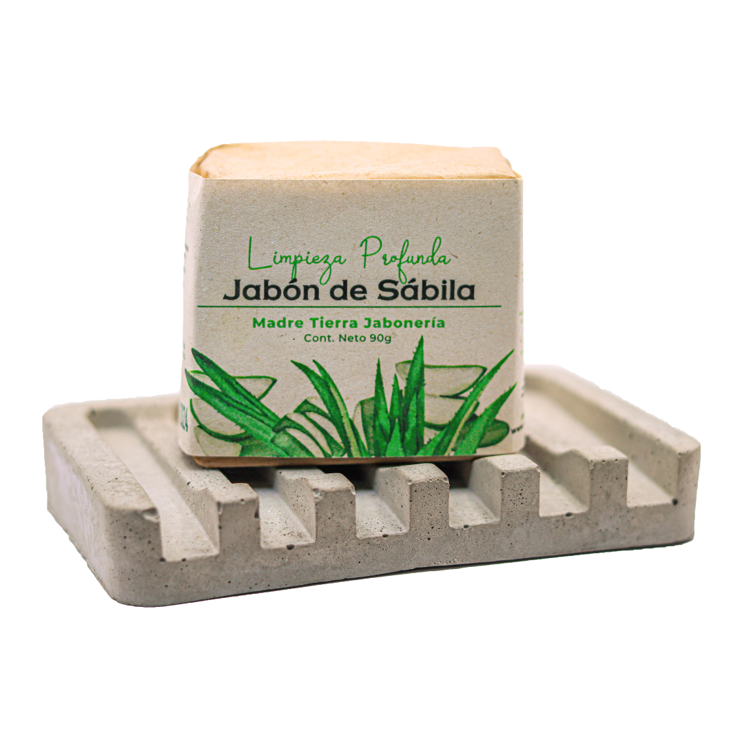 Jabón natural artesanal de sábila 90gr con jabonera de concreto.
