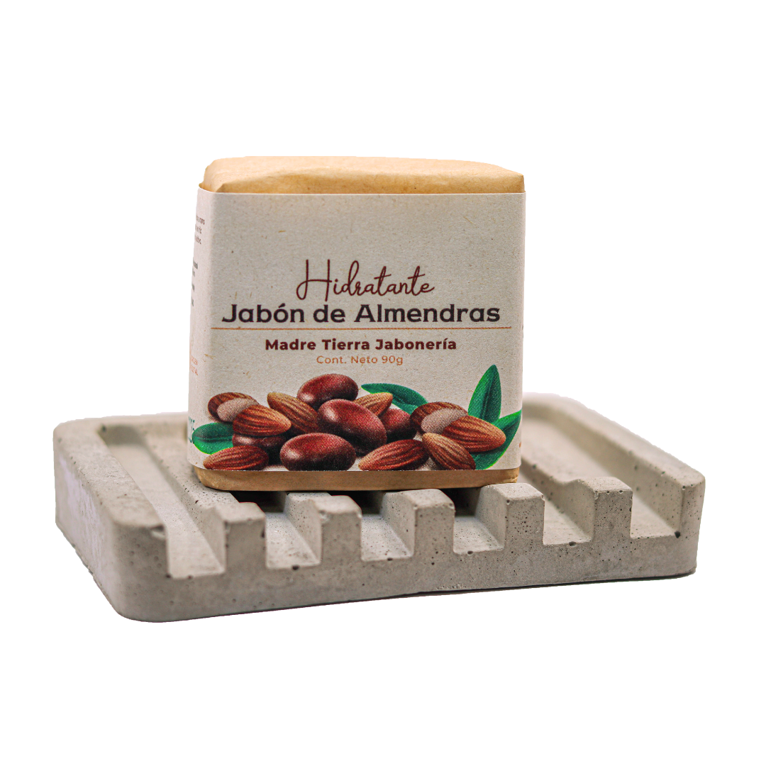 Jabón natural artesanal de almendras 90gr con jabonera de concreto.