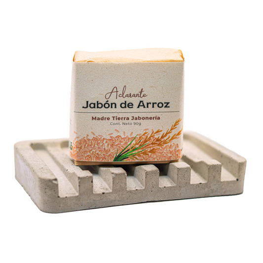 Jabón natural artesanal de arroz 90gr con jabonera de concreto.