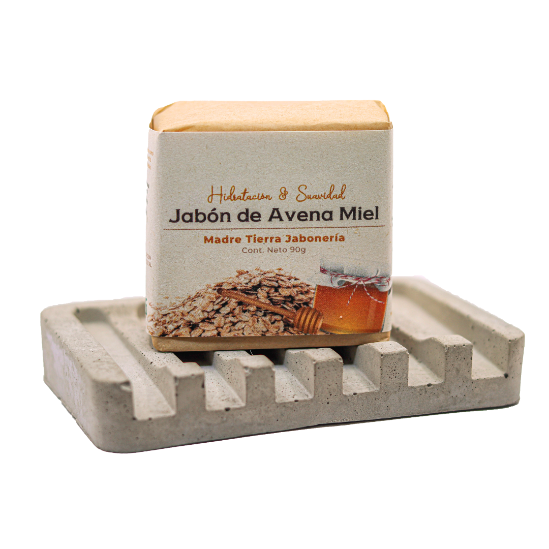 Jabón natural artesanal de avena miel 90gr con jabonera de concreto.