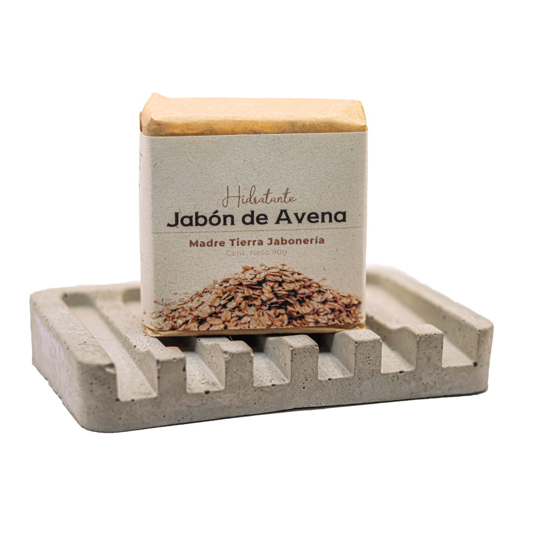 Jabón natural artesanal de avena 90gr con jabonera de concreto.