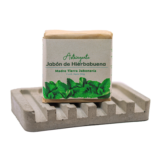 Jabón natural artesanal de hierbabuena 90gr con jabonera de concreto.