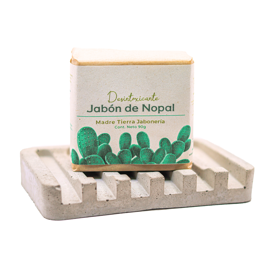 Jabón natural artesanal de nopal 90gr con jabonera de concreto.