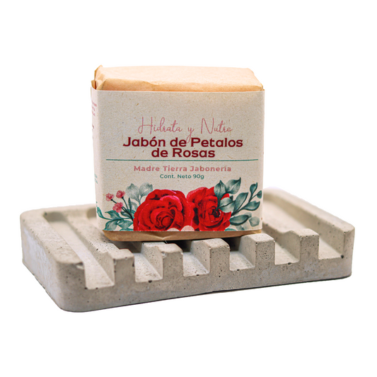 Jabón natural artesanal de pétalos de rosas 90gr con jabonera de concreto.