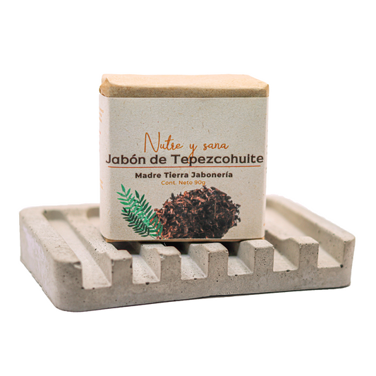 Jabón natural artesanal de tepezcohuite 90gr con jabonera de concreto.